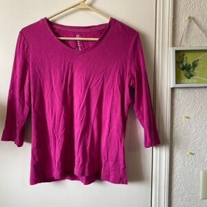 St Johns Bay Petite PM Essential Tee 3/4 Sleeve V Neck Top Pink magenta colorful